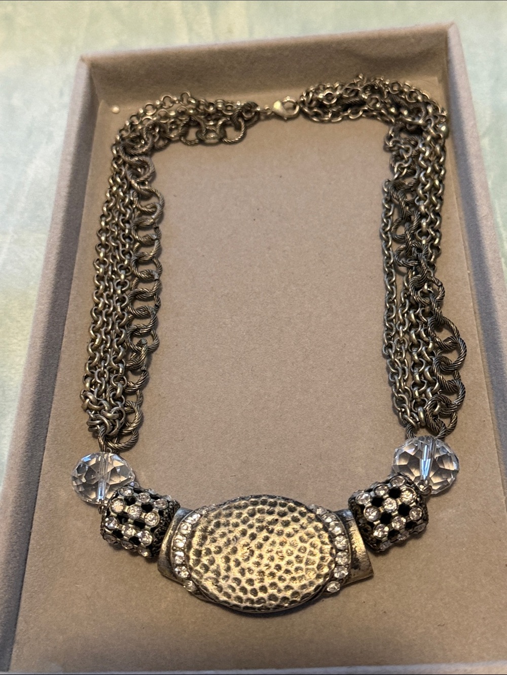 Hammered Silver-Tone Multi-Chain Necklace with Clear Bead Accents